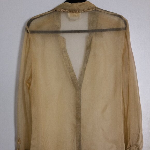 Sheer Vintage Caché 100% Silk Gold Trim Button-Up Blouse - Picture 3 of 7